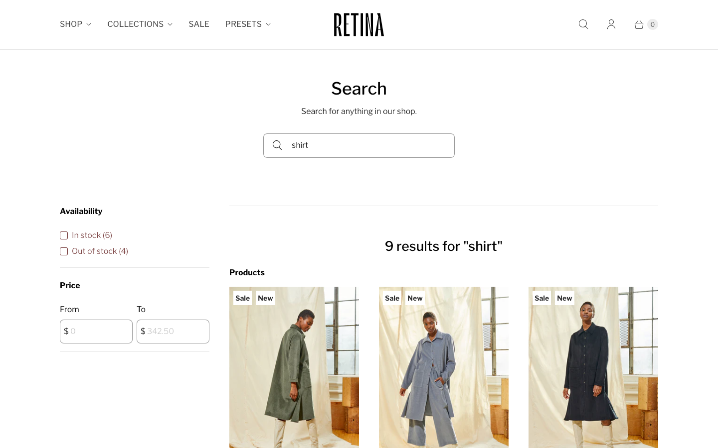 Search → panel opened — Navi+ on the Retina Shopify theme