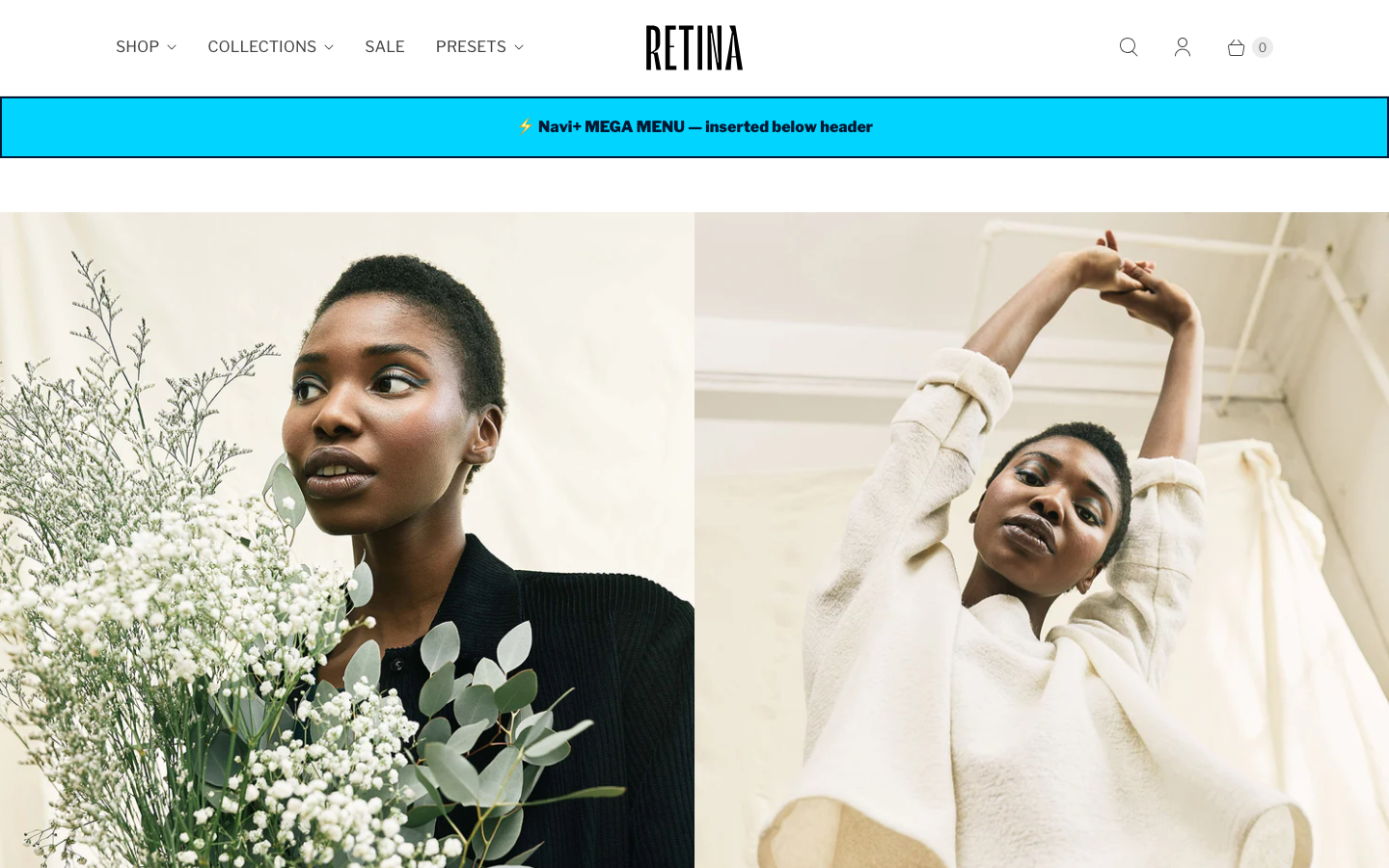 Menu inserted below header — Navi+ on the Retina Shopify theme