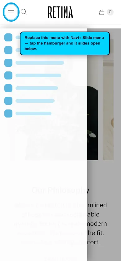 Navi+ Slide Menu on the Retina Shopify theme Navi+ Slide Menu on the Retina Shopify theme