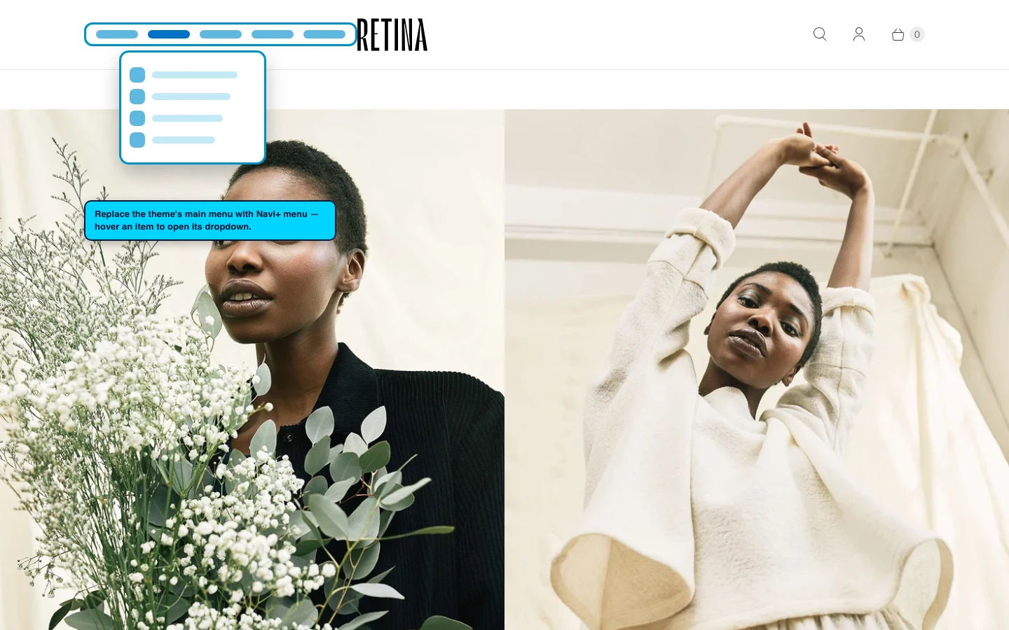 Navi+ Mega Menu replacing the desktop menu on the Retina Shopify theme Navi+ Mega Menu replacing the desktop menu on the Retina Shopify theme