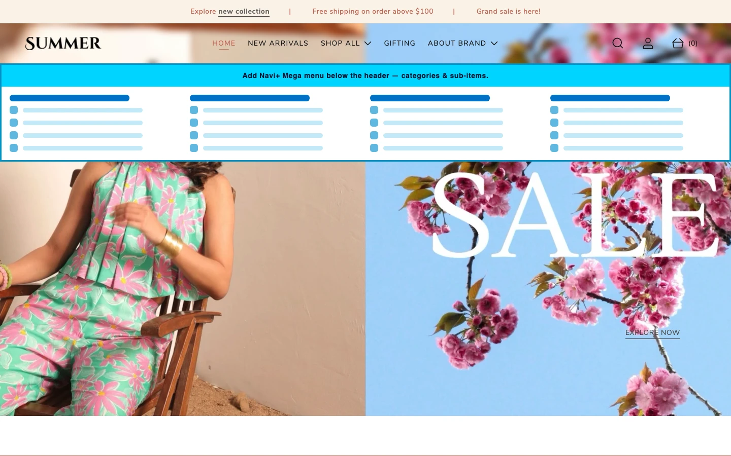 Navi+ Mega Menu inserted below the header on the Retro Shopify theme Navi+ Mega Menu inserted below the header on the Retro Shopify theme
