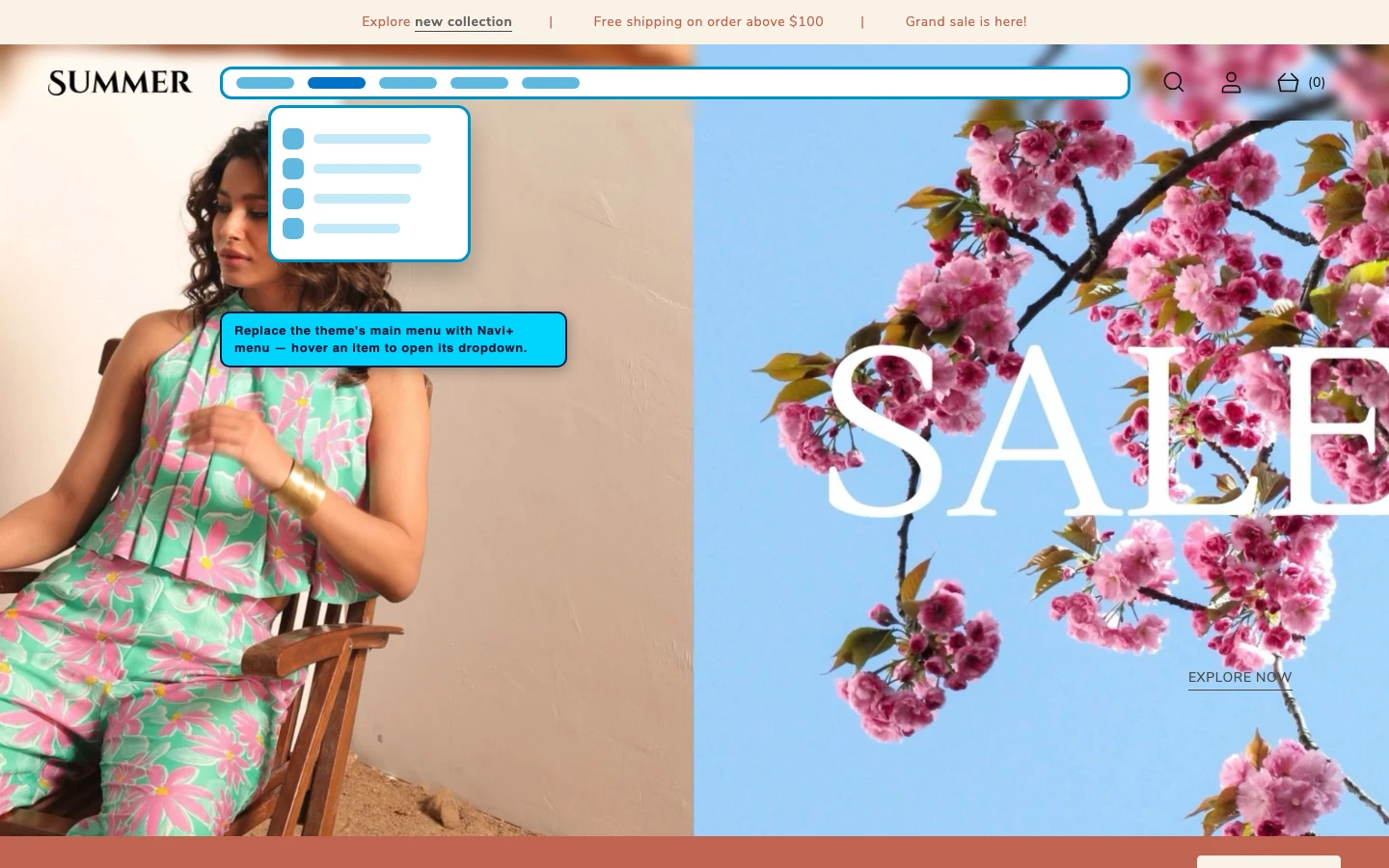 Navi+ Mega Menu replacing the desktop menu on the Retro Shopify theme Navi+ Mega Menu replacing the desktop menu on the Retro Shopify theme