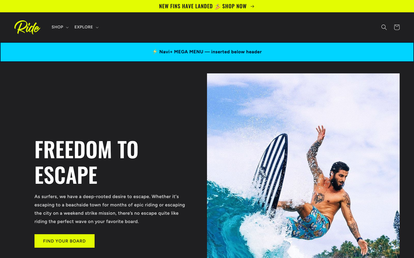 Menu inserted below header — Navi+ on the Ride Shopify theme Menu inserted below header — Navi+ on the Ride Shopify theme