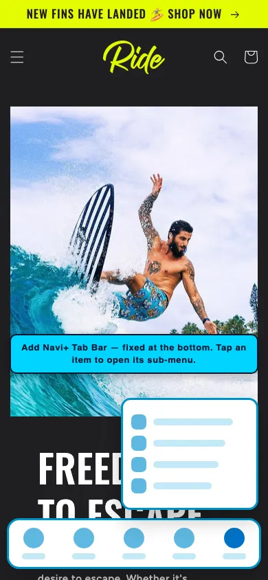 Navi+ Tab Bar on the Ride Shopify theme Navi+ Tab Bar on the Ride Shopify theme