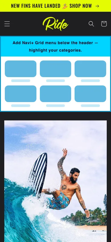 Navi+ Grid Menu on the Ride Shopify theme Navi+ Grid Menu on the Ride Shopify theme