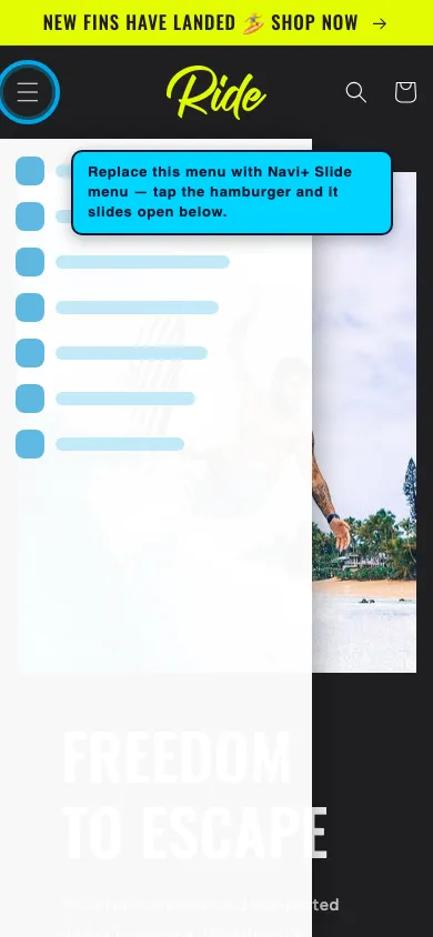 Navi+ Slide Menu on the Ride Shopify theme Navi+ Slide Menu on the Ride Shopify theme