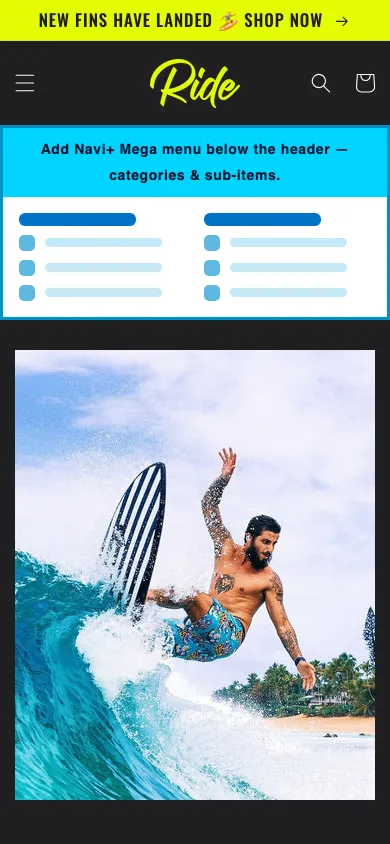 Navi+ mobile Mega Menu on the Ride Shopify theme Navi+ mobile Mega Menu on the Ride Shopify theme