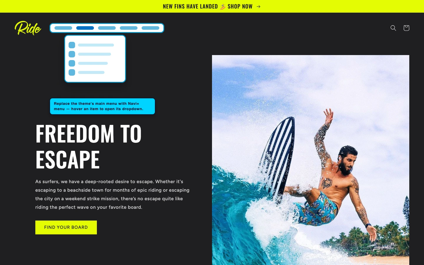 Navi+ Mega Menu replacing the desktop menu on the Ride Shopify theme Navi+ Mega Menu replacing the desktop menu on the Ride Shopify theme