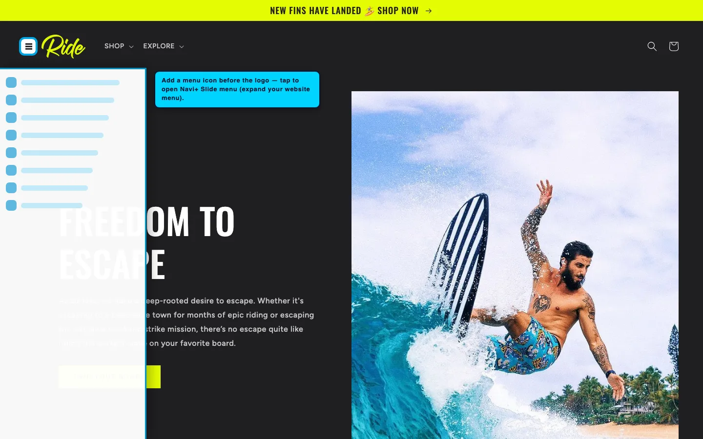 Navi+ trigger icon before the logo on the Ride Shopify theme Navi+ trigger icon before the logo on the Ride Shopify theme