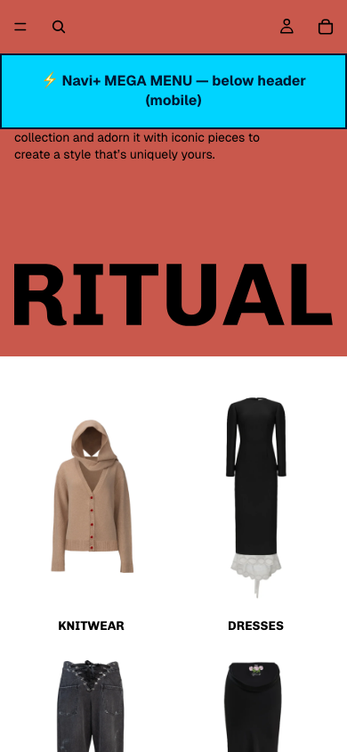 Menu inserted below header — Navi+ on the Ritual Shopify theme Menu inserted below header — Navi+ on the Ritual Shopify theme