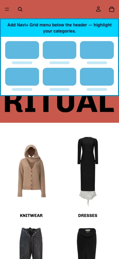 Navi+ Grid Menu on the Ritual Shopify theme Navi+ Grid Menu on the Ritual Shopify theme