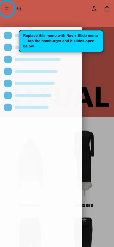 Navi+ Slide Menu on the Ritual Shopify theme Navi+ Slide Menu on the Ritual Shopify theme