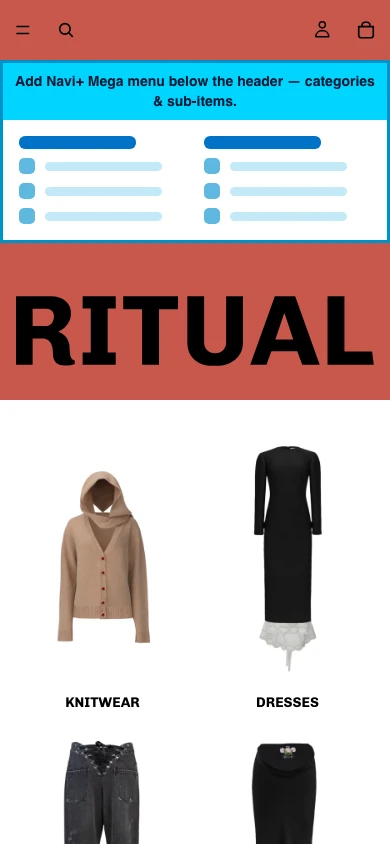 Navi+ mobile Mega Menu on the Ritual Shopify theme Navi+ mobile Mega Menu on the Ritual Shopify theme