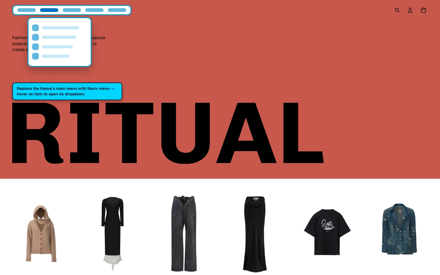 Navi+ Mega Menu replacing the desktop menu on the Ritual Shopify theme Navi+ Mega Menu replacing the desktop menu on the Ritual Shopify theme
