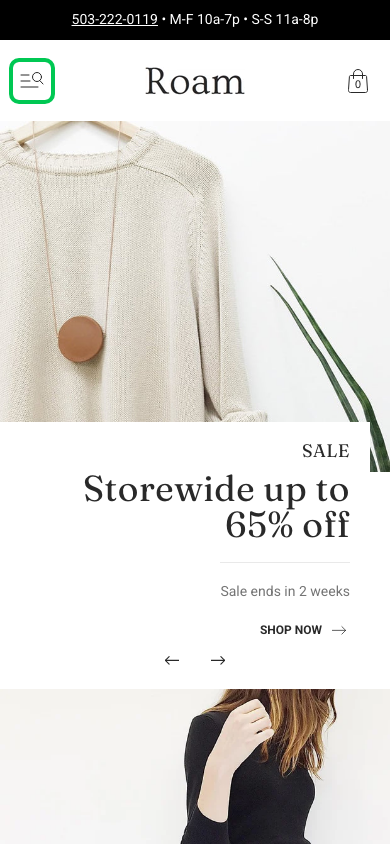 Hamburger → panel opened — Navi+ on the Roam Shopify theme Hamburger → panel opened — Navi+ on the Roam Shopify theme