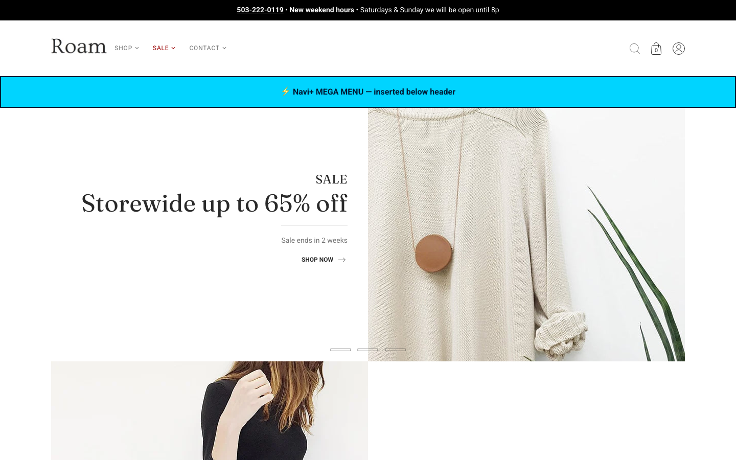 Menu inserted below header — Navi+ on the Roam Shopify theme Menu inserted below header — Navi+ on the Roam Shopify theme