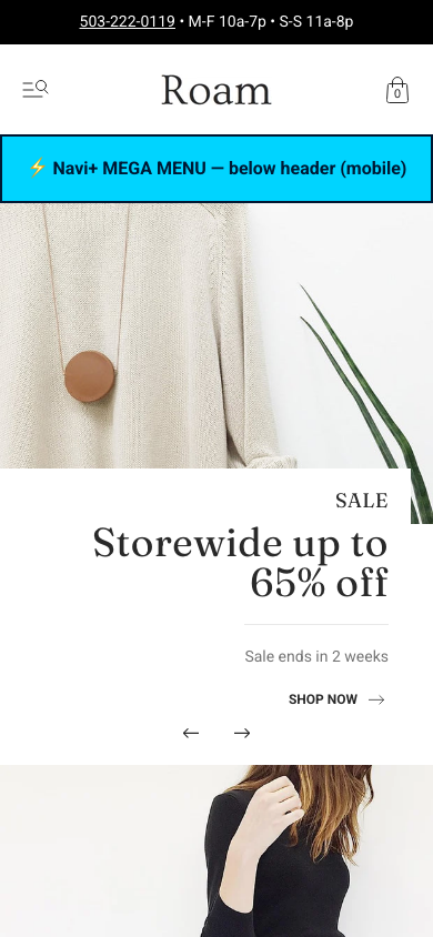 Menu inserted below header — Navi+ on the Roam Shopify theme Menu inserted below header — Navi+ on the Roam Shopify theme