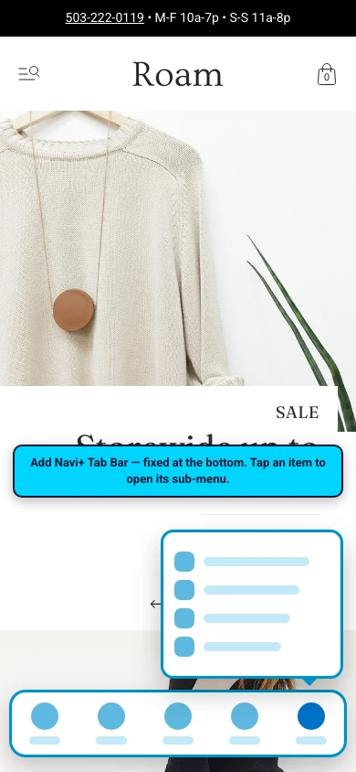 Navi+ Tab Bar on the Roam Shopify theme Navi+ Tab Bar on the Roam Shopify theme