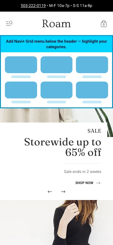 Navi+ Grid Menu on the Roam Shopify theme Navi+ Grid Menu on the Roam Shopify theme