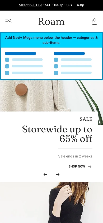 Navi+ mobile Mega Menu on the Roam Shopify theme Navi+ mobile Mega Menu on the Roam Shopify theme