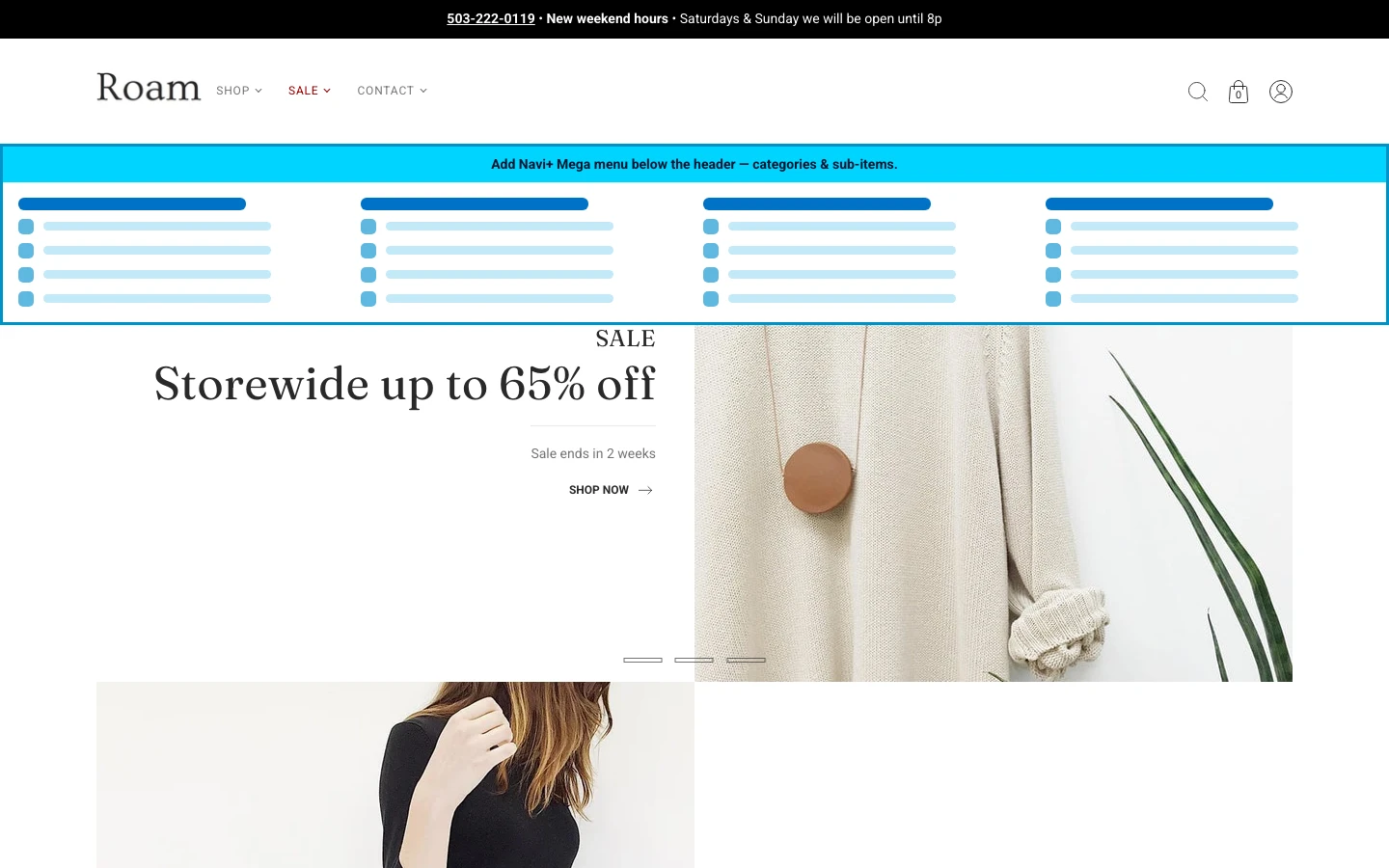 Navi+ Mega Menu inserted below the header on the Roam Shopify theme Navi+ Mega Menu inserted below the header on the Roam Shopify theme