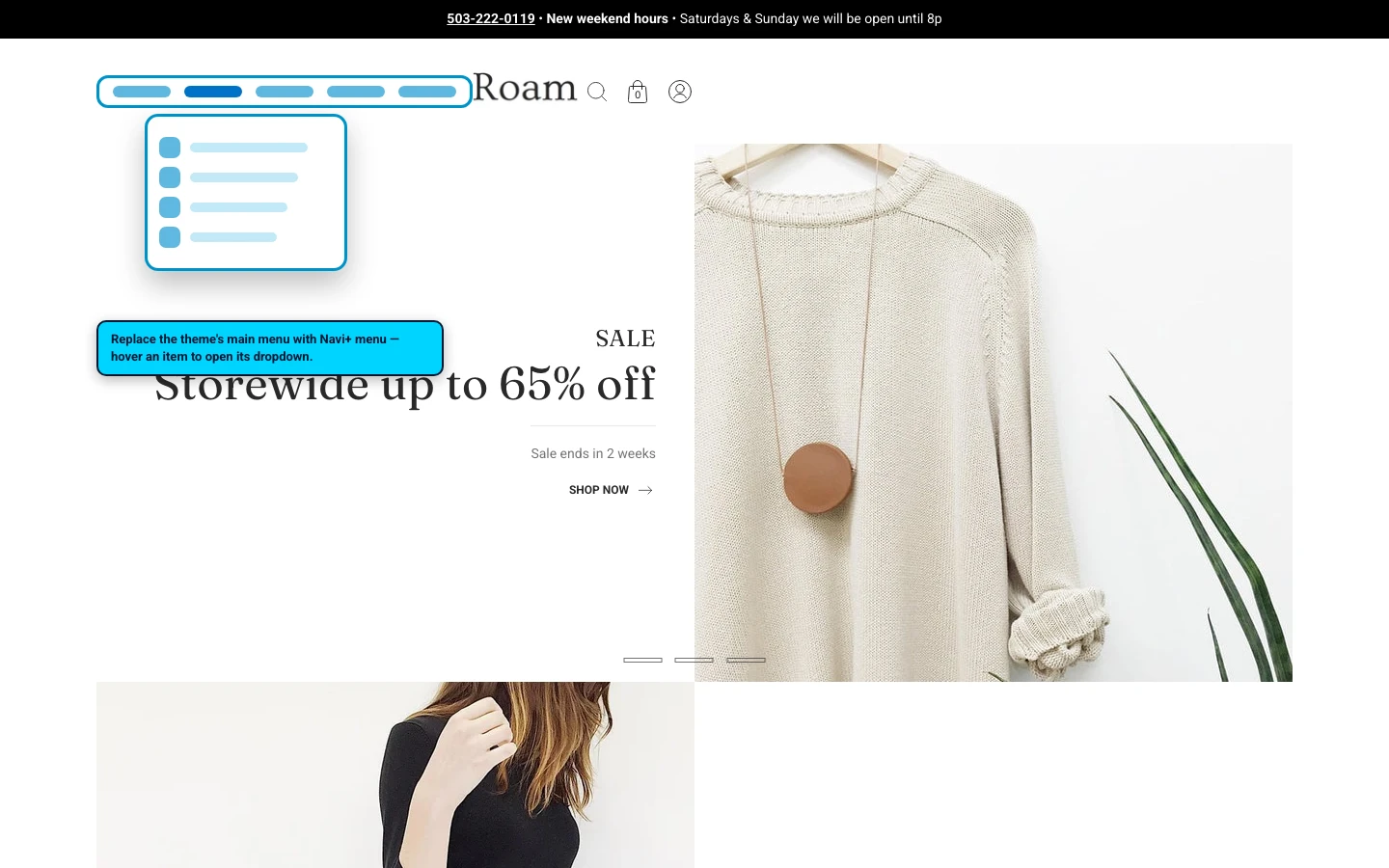 Navi+ Mega Menu replacing the desktop menu on the Roam Shopify theme Navi+ Mega Menu replacing the desktop menu on the Roam Shopify theme