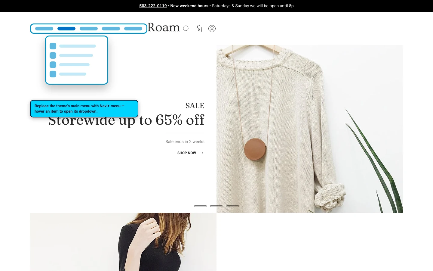 Navi+ Mega Menu replacing the desktop menu on the Roam Shopify theme Navi+ Mega Menu replacing the desktop menu on the Roam Shopify theme