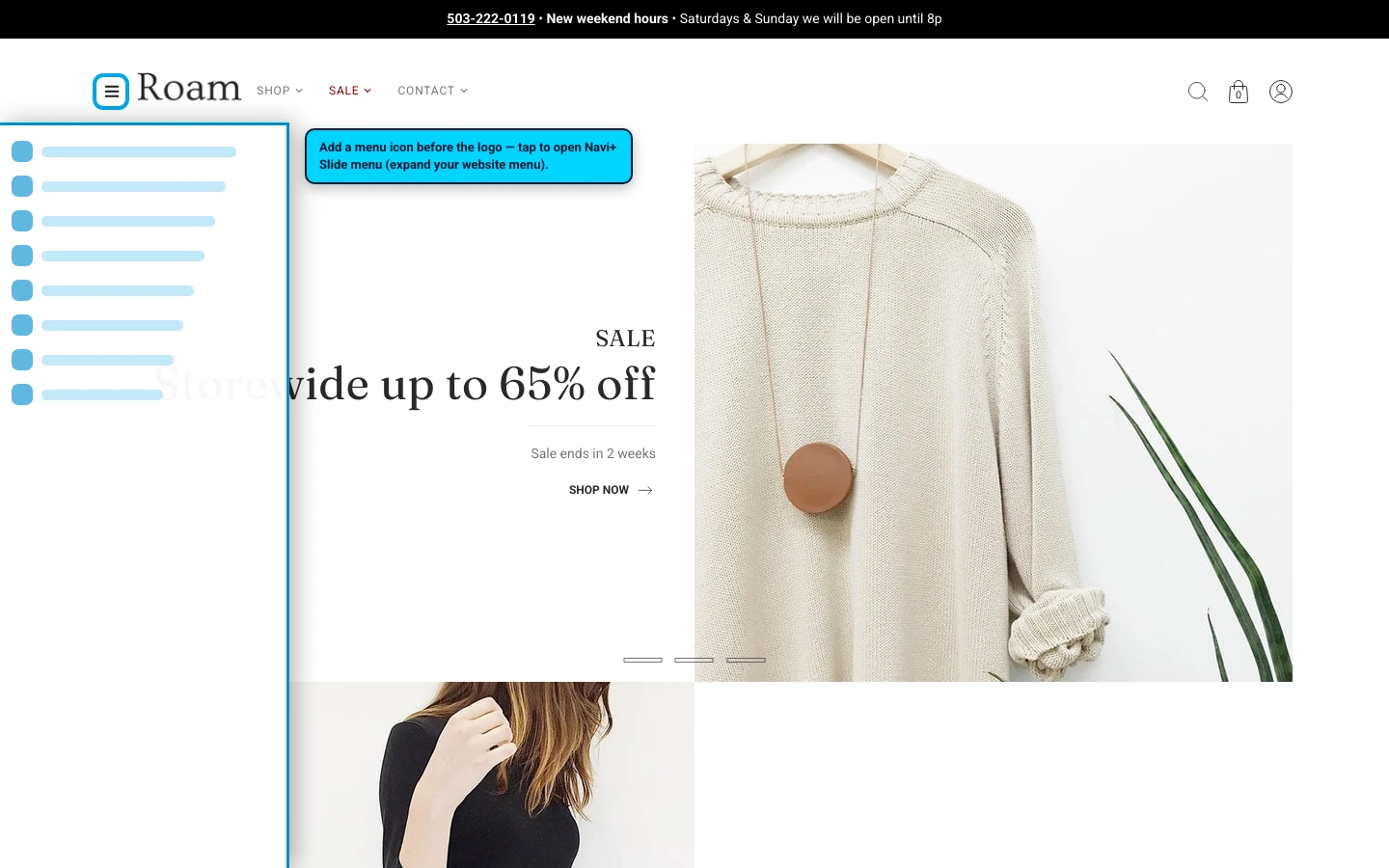 Navi+ trigger icon before the logo on the Roam Shopify theme Navi+ trigger icon before the logo on the Roam Shopify theme
