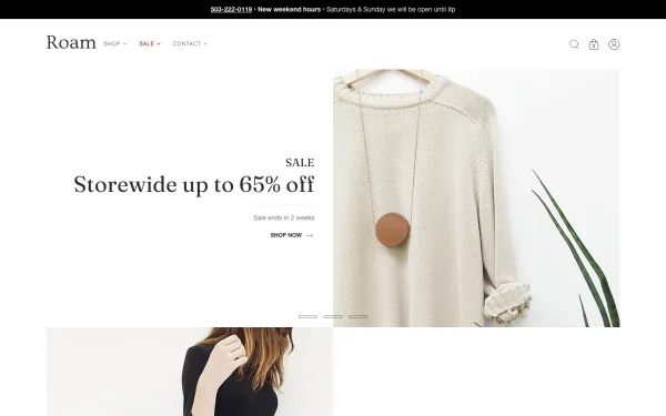 Full-page desktop screenshot of Shopify Roam theme demo store