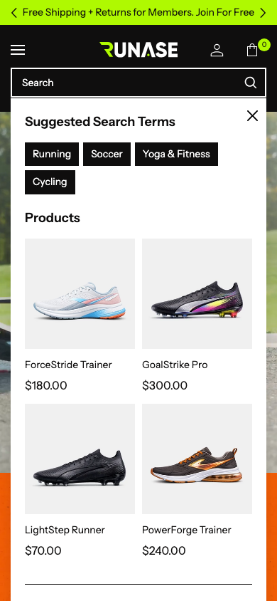 Search → panel opened — Navi+ on the Runase Shopify theme Search → panel opened — Navi+ on the Runase Shopify theme