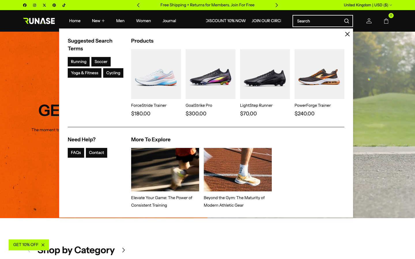 Search → panel opened — Navi+ on the Runase Shopify theme Search → panel opened — Navi+ on the Runase Shopify theme