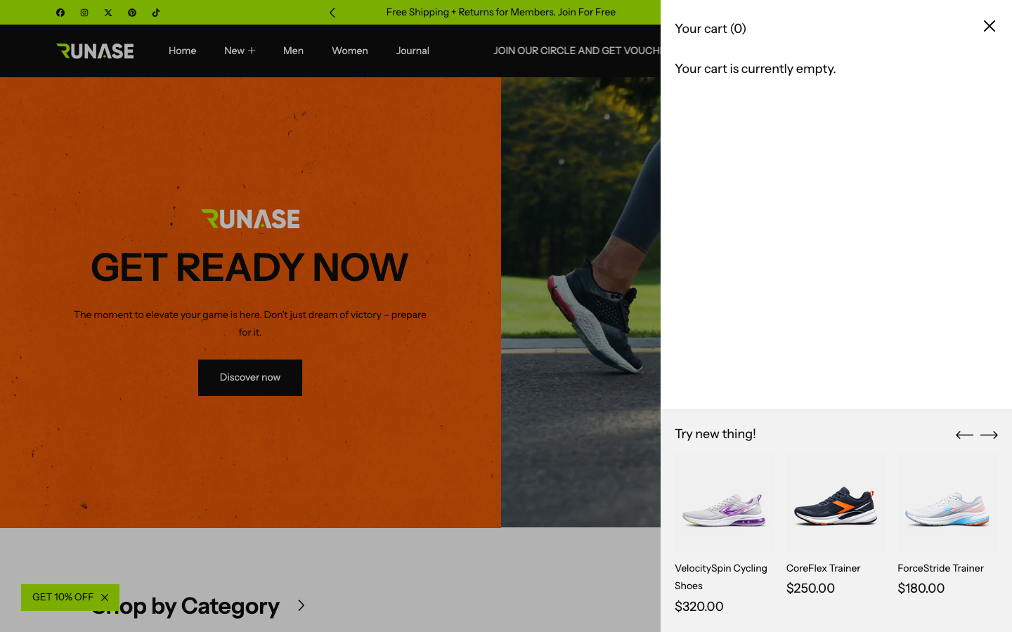 Cart → panel opened — Navi+ on the Runase Shopify theme Cart → panel opened — Navi+ on the Runase Shopify theme