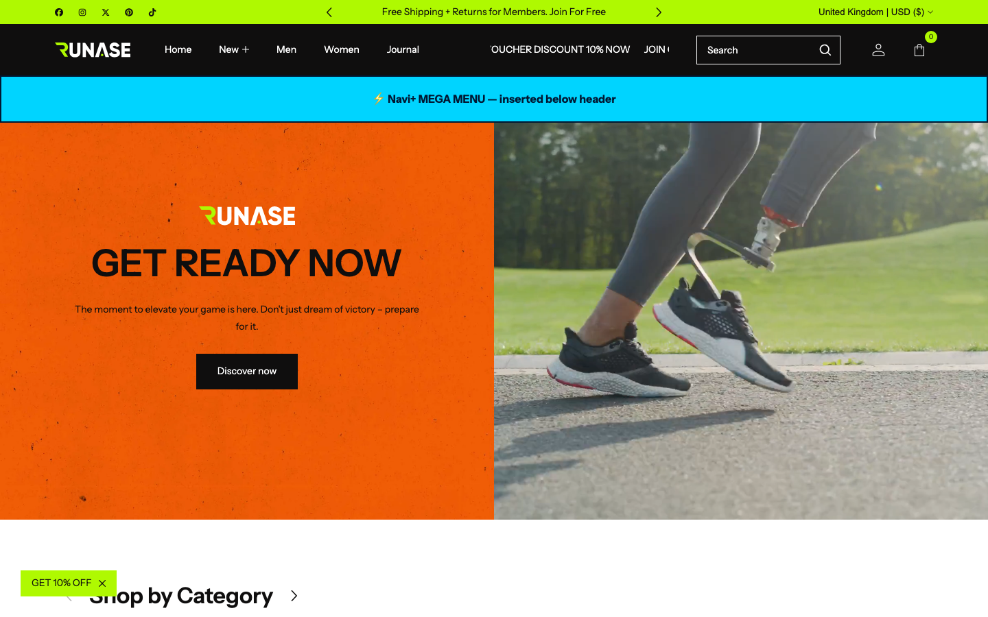 Menu inserted below header — Navi+ on the Runase Shopify theme Menu inserted below header — Navi+ on the Runase Shopify theme