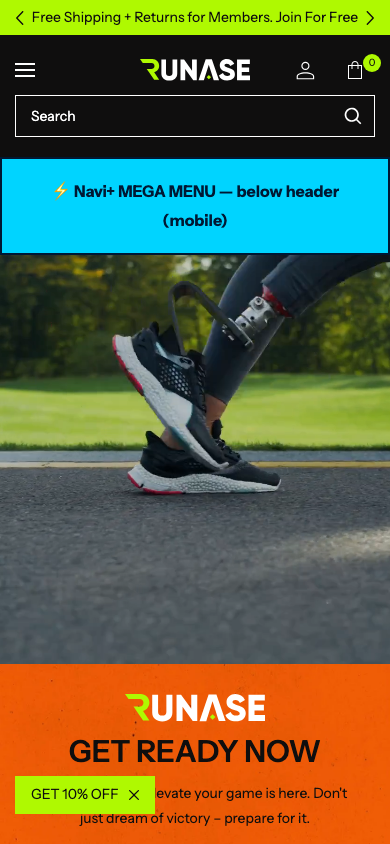 Menu inserted below header — Navi+ on the Runase Shopify theme Menu inserted below header — Navi+ on the Runase Shopify theme