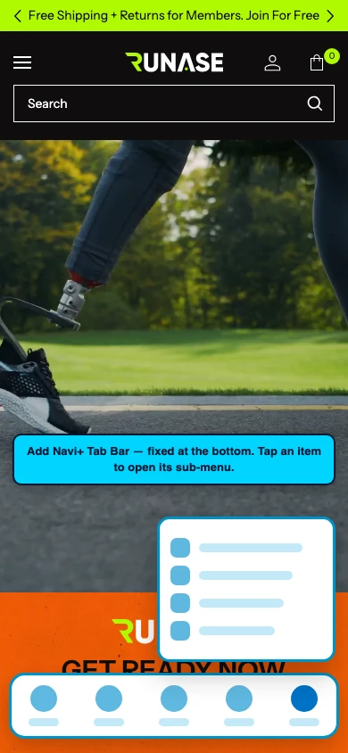 Navi+ Tab Bar on the Runase Shopify theme Navi+ Tab Bar on the Runase Shopify theme