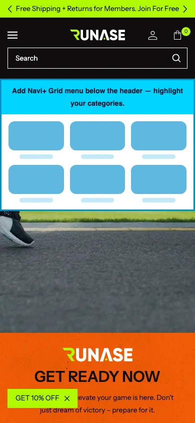 Navi+ Grid Menu on the Runase Shopify theme Navi+ Grid Menu on the Runase Shopify theme