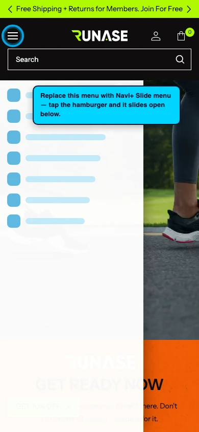 Navi+ Slide Menu on the Runase Shopify theme Navi+ Slide Menu on the Runase Shopify theme