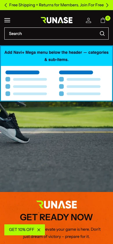 Navi+ mobile Mega Menu on the Runase Shopify theme Navi+ mobile Mega Menu on the Runase Shopify theme