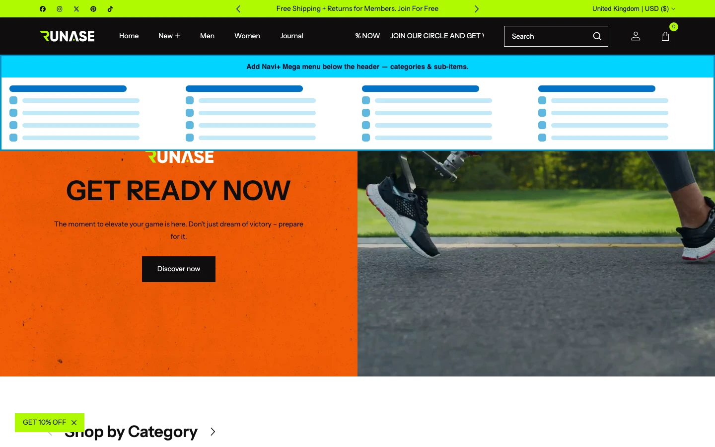 Navi+ Mega Menu inserted below the header on the Runase Shopify theme Navi+ Mega Menu inserted below the header on the Runase Shopify theme