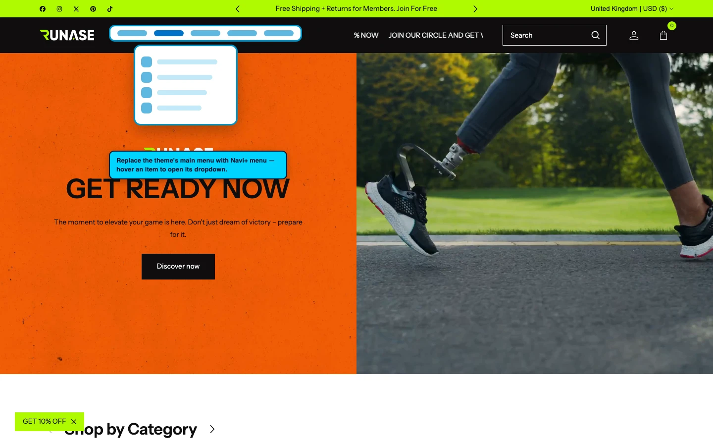Navi+ Mega Menu replacing the desktop menu on the Runase Shopify theme Navi+ Mega Menu replacing the desktop menu on the Runase Shopify theme