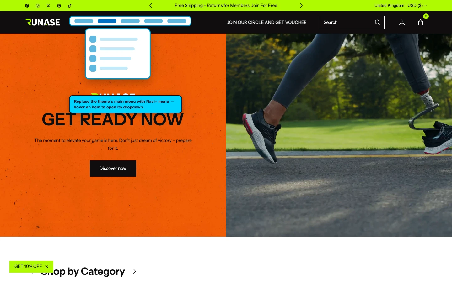 Navi+ Mega Menu replacing the desktop menu on the Runase Shopify theme Navi+ Mega Menu replacing the desktop menu on the Runase Shopify theme