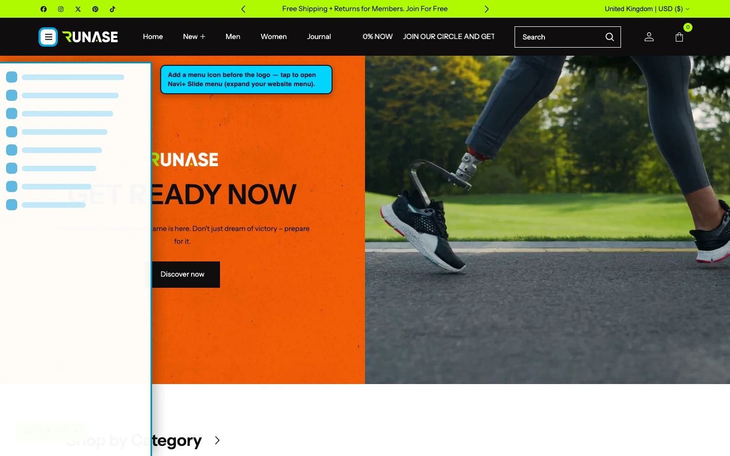Navi+ trigger icon before the logo on the Runase Shopify theme Navi+ trigger icon before the logo on the Runase Shopify theme
