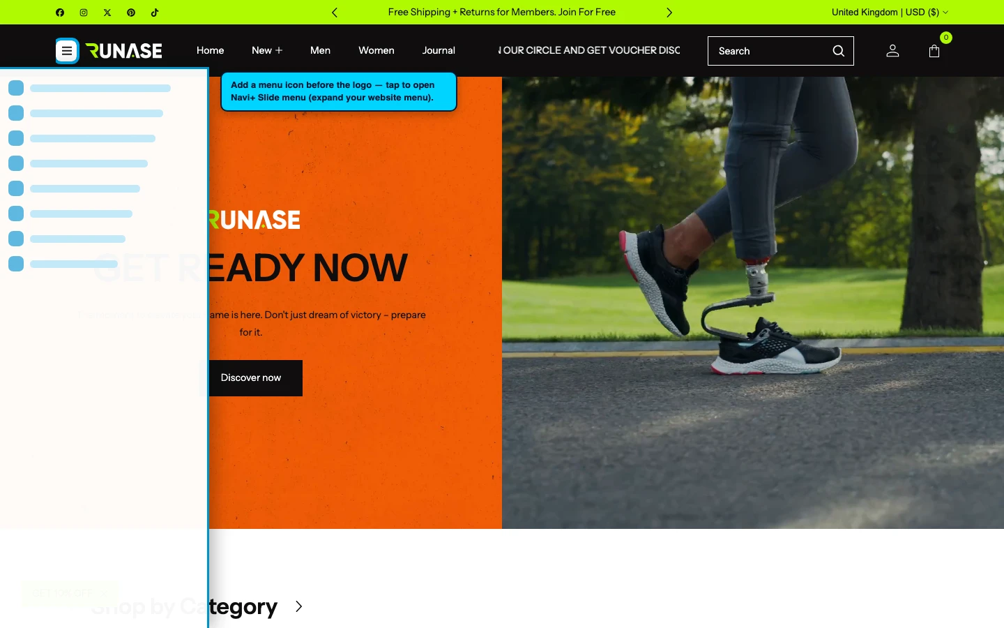 Navi+ trigger icon before the logo on the Runase Shopify theme Navi+ trigger icon before the logo on the Runase Shopify theme