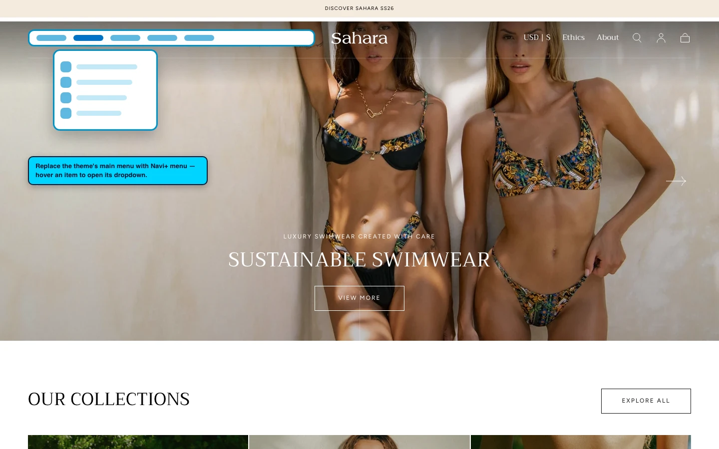 Navi+ Mega Menu replacing the desktop menu on the Sahara Shopify theme Navi+ Mega Menu replacing the desktop menu on the Sahara Shopify theme