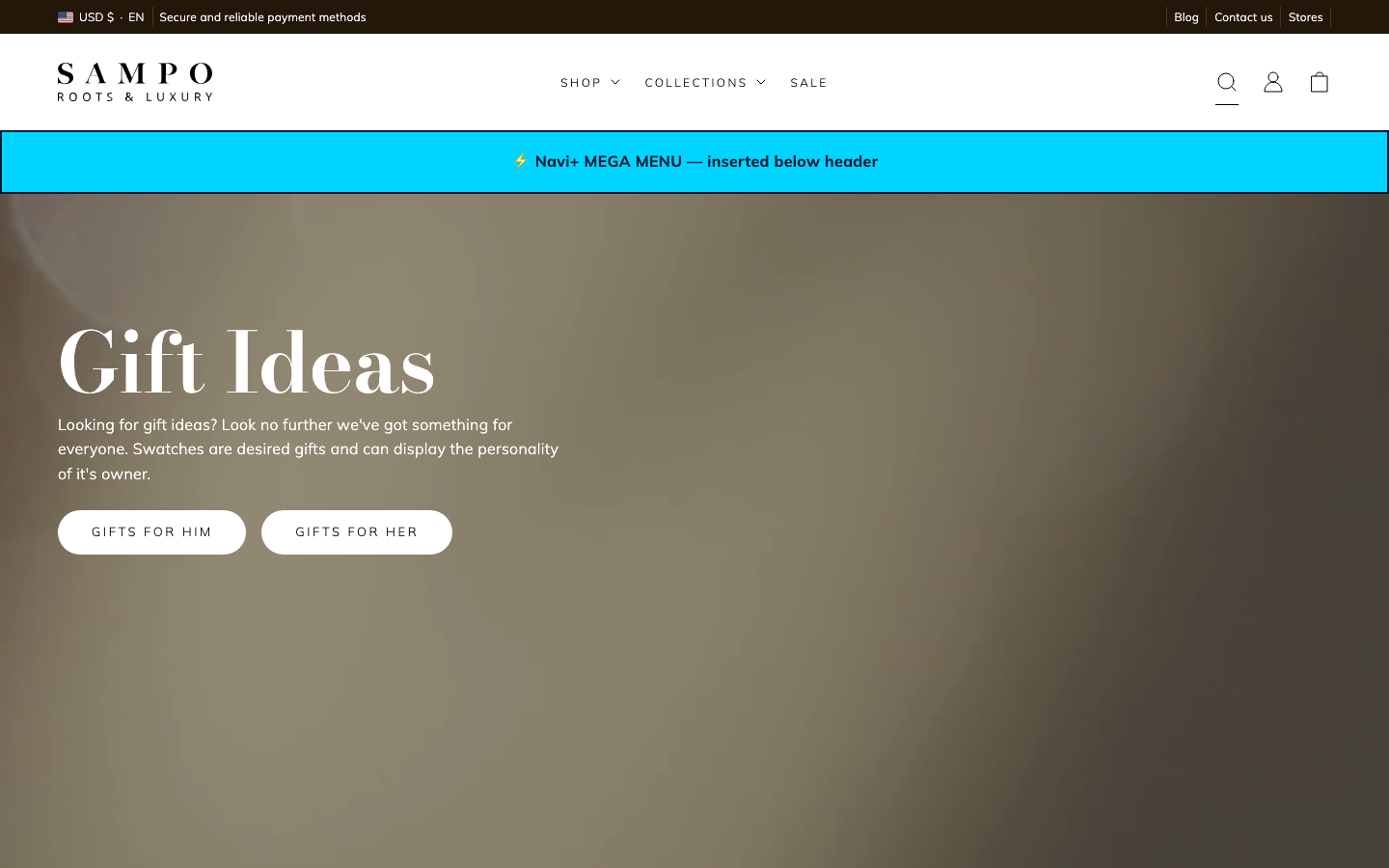 Menu inserted below header — Navi+ on the Sampo Shopify theme Menu inserted below header — Navi+ on the Sampo Shopify theme