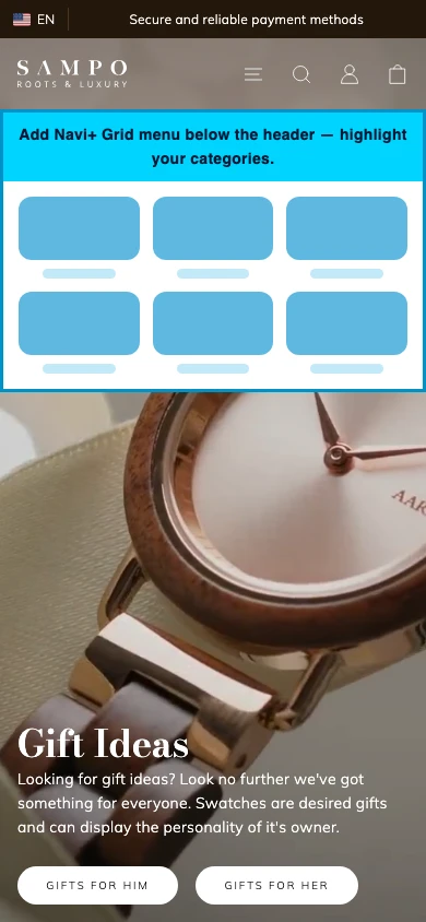 Navi+ Grid Menu on the Sampo Shopify theme Navi+ Grid Menu on the Sampo Shopify theme