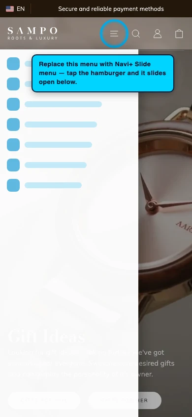 Navi+ Slide Menu on the Sampo Shopify theme Navi+ Slide Menu on the Sampo Shopify theme
