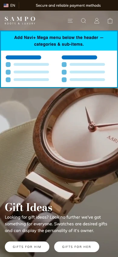 Navi+ mobile Mega Menu on the Sampo Shopify theme Navi+ mobile Mega Menu on the Sampo Shopify theme