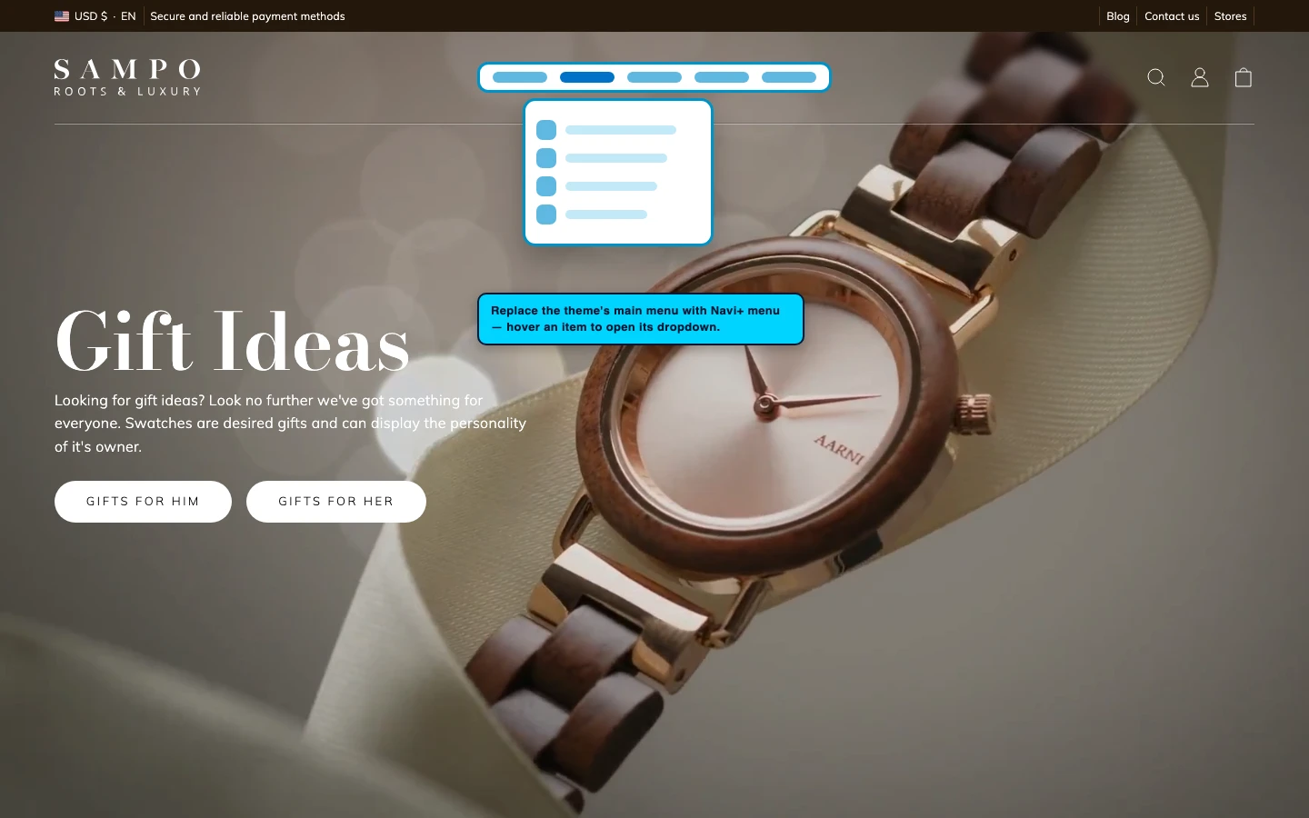 Navi+ Mega Menu replacing the desktop menu on the Sampo Shopify theme Navi+ Mega Menu replacing the desktop menu on the Sampo Shopify theme