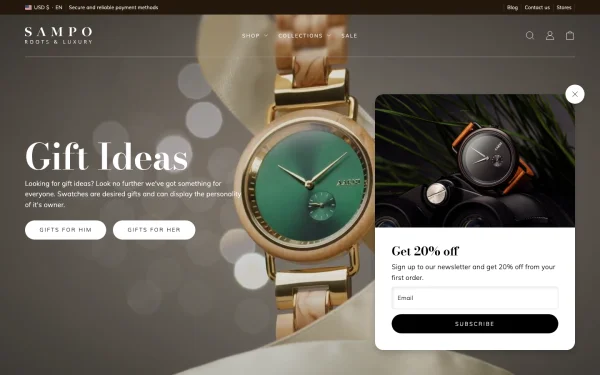 Full-page desktop screenshot of Shopify Sampo theme demo store